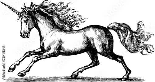 Vintage hand engraved illustration of a galloping unicorn with flowing mane for fantasy art design