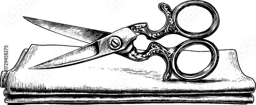 Vintage engraved illustration of sewing scissors on fabric for craft and design