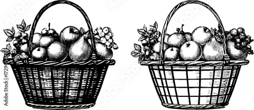 Vintage wicker market baskets with fruits - hand drawn engraved illustration for retro design