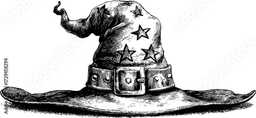 Vintage engraved wizard hat with buckle for retro design and halloween decor