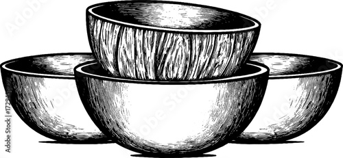 Vintage engraved illustration of wooden bowls filled with grain for rustic design and decor