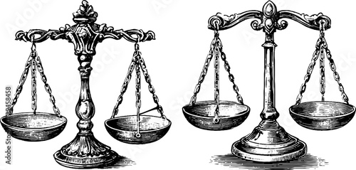 Vintage engraved set of apothecary scales for retro design and decor projects