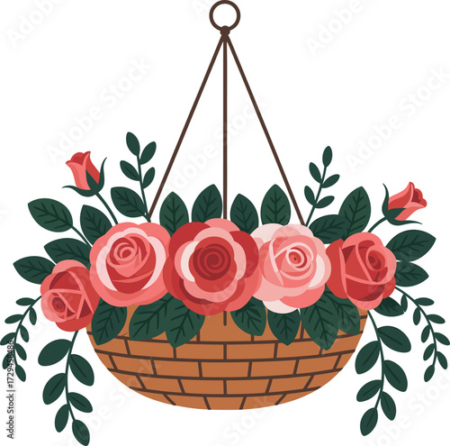 Charming hanging basket overflowing with pink and red roses