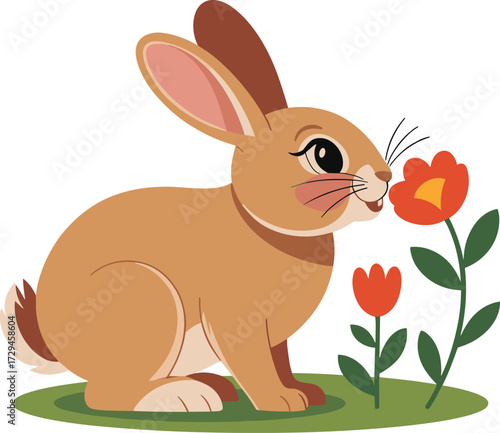 Cute brown bunny rabbit sniffing vibrant orange flowers in a field