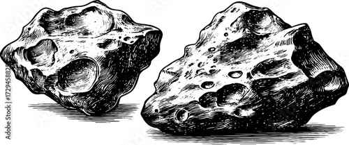 Vintage engraved illustration set of asteroids with texture for design projects