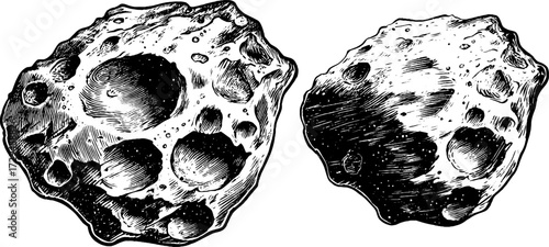 Vintage engraved asteroid illustrations with texture for scientific design and space art