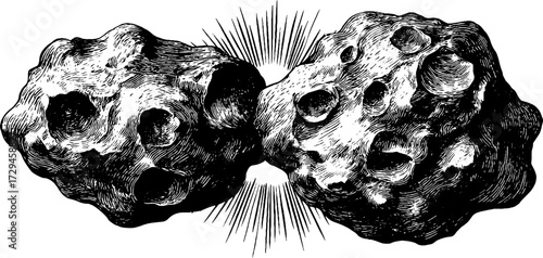 Vintage hand-drawn engraving of textured asteroids in space - design for posters and educational materials
