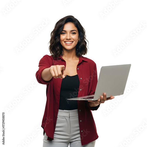 Smiling woman holding a laptop and pointing forward, representing a call to action or engagement