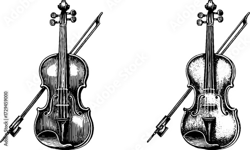 Vintage engraved illustration set of bowed violins — classical string instruments in detail.
