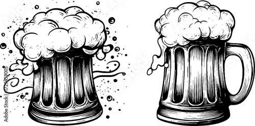 Vintage beer mug silhouette collection with foam for retro design projects