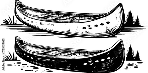 Vintage engraved canoe boat illustration set for retro design and decor