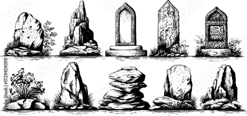 Vintage engraving of carved stone glyphs set for historical design and decoration