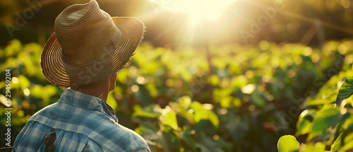 Farmer inspecting crops on a sunny day, showcasing rural life and agriculture