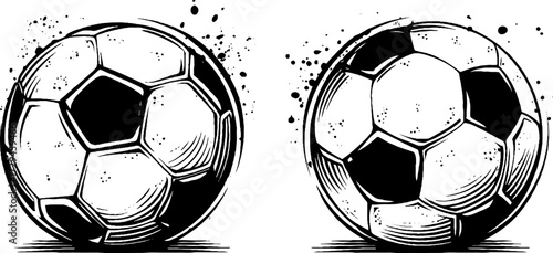 Vintage hand drawn engraved set of classic soccer balls for retro design projects