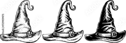 Vintage engraving of classic pointed wizard hat sketches for retro design