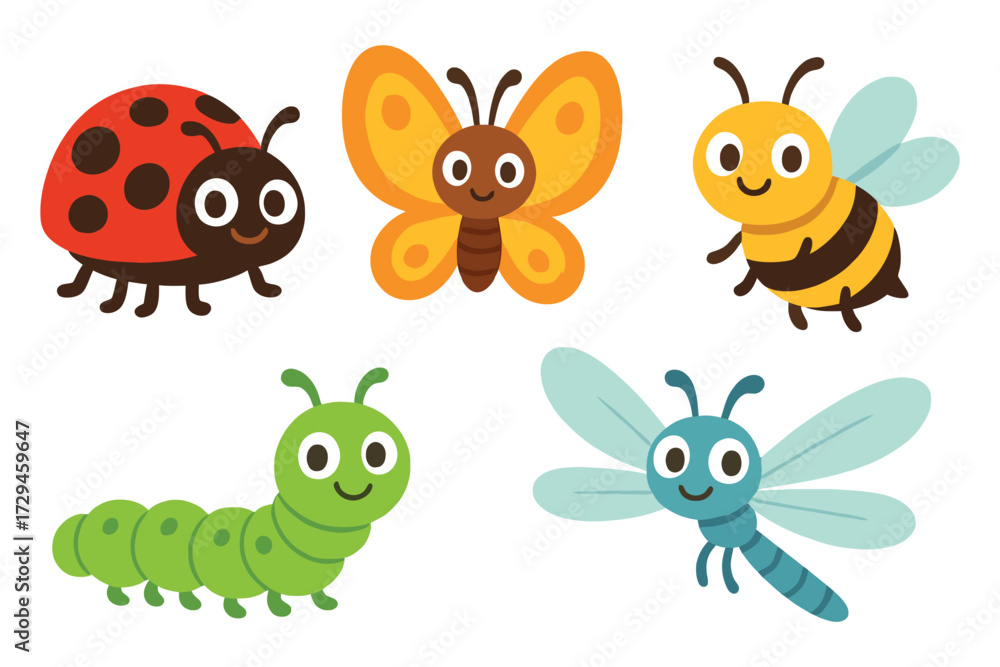 Fototapeta premium Collection of five cute cartoon insects including ladybug butterfly bee caterpillar and dragonfly