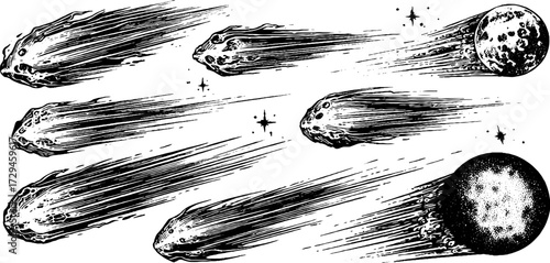 Vintage engraved illustration set of comets and meteors - retro astronomy design for posters