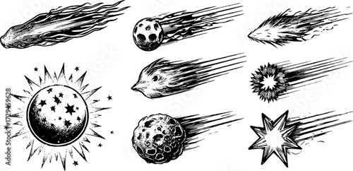 Vintage engraved set of comets and meteors for retro design