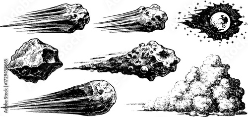 Vintage engraved illustration of comets and meteors - celestial bodies sketch for retro design