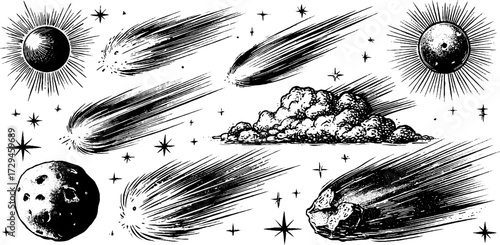Celestial wonders: vintage engraved comets and meteors design for astronomy enthusiasts