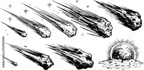 Vintage celestial comets and meteors engraving set - retro astronomy sketch for design