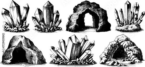 Intricate engraved crystal caves and mineral formations collection for retro designs