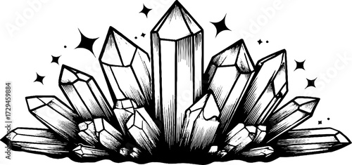 Vintage engraved illustration of crystal mineral set for retro design and decoration