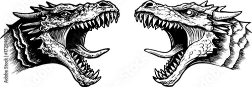 Mythical creatures roaring dragon heads engraving set for fantasy and medieval design