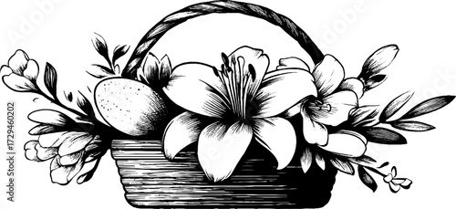 Vintage engraved illustration of easter basket with flowers and eggs