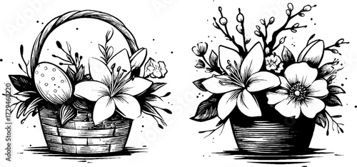Vintage easter basket sketch with flowers and eggs for holiday design