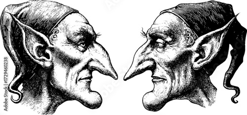 Detailed engraved illustration of elf head profiles for fantasy design