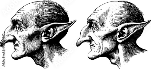 Vintage elf profile engraving set for fantasy design and illustration