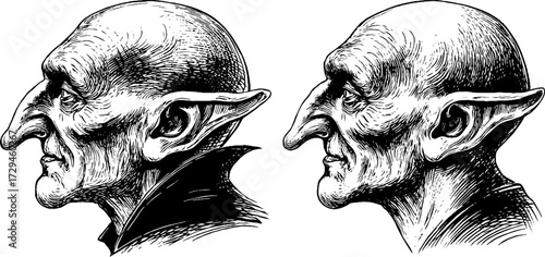 Vintage engraved illustration of an elf head in profile, detailed and mystical, evoking classic fantasy artistry.
