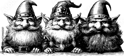 Vintage engraving of elves and dwarves set - retro fantasy art for design