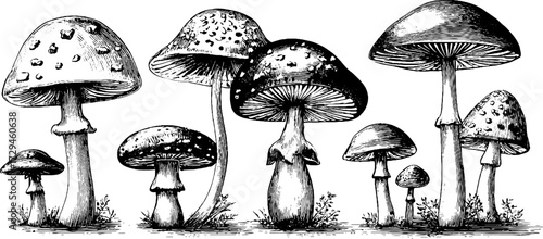 Enchanting fairy circle of engraved mushrooms in vintage style design for art and decor
