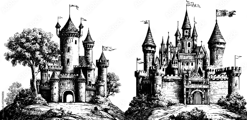 Fototapeta premium Vintage hand-drawn engraving of fantasy castles set for retro design and decoration