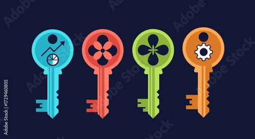 Four Distinct Keys Representing Business Growth Strategy Innovation Technology And Data Analysis