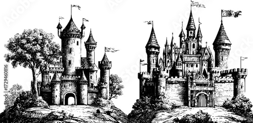Vintage hand-drawn engraving of fantasy castles set for retro design and decoration
