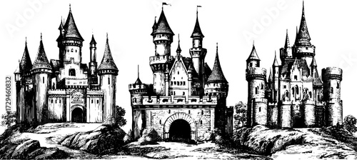 Enchanting collection of fantasy castles engraved illustration for design and print