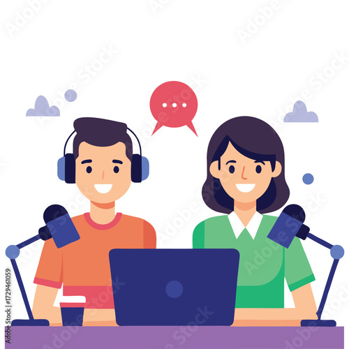 Two smiling people wearing headphones sitting at a desk with microphones and a laptop recording a podcast or broadcast communicating online
