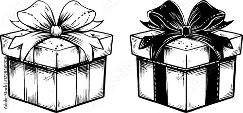 Vintage hand drawn gift boxes with ribbons - engraving style for holiday design