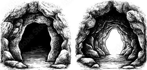Hand drawn engraving of glowing cave entrances for retro design and decoration