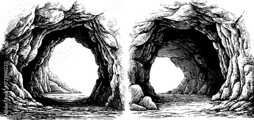 Vintage engraved illustration of glowing cave entrance for retro design projects