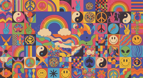 Vibrant Psychedelic Collage Featuring Peace Symbols Rainbows Smiley Faces and Yin Yang Icons in a Retro Pixel Art Style