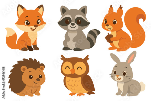 Collection of cute woodland animals including fox squirrel owl rabbit hedgehog and raccoon