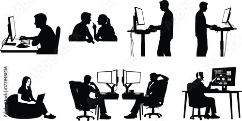 Computer silhouettes, office workers, teamwork, remote work, collaboration, technology, workspace, digital, business, productivity