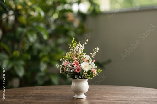 Artificial small floral arrangements in pots with nature-inspired decor on a table