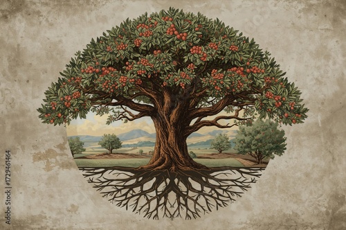 Abstract logo symbol representing a tree set against a natural backdrop featuring an oak illustration