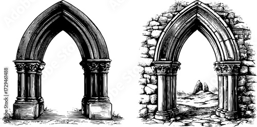 Gothic pointed arch set engraving - vintage architectural sketch for design