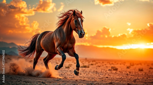 Majestic Horse Galloping Through Desert at Sunset